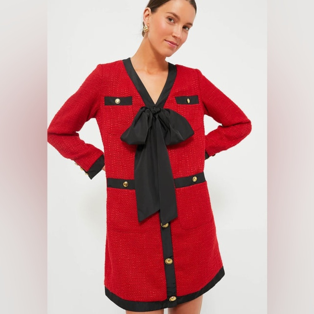Tuckernuck POMANDER PLACE Red Coco Tweed Bow Dress size L NWT old money